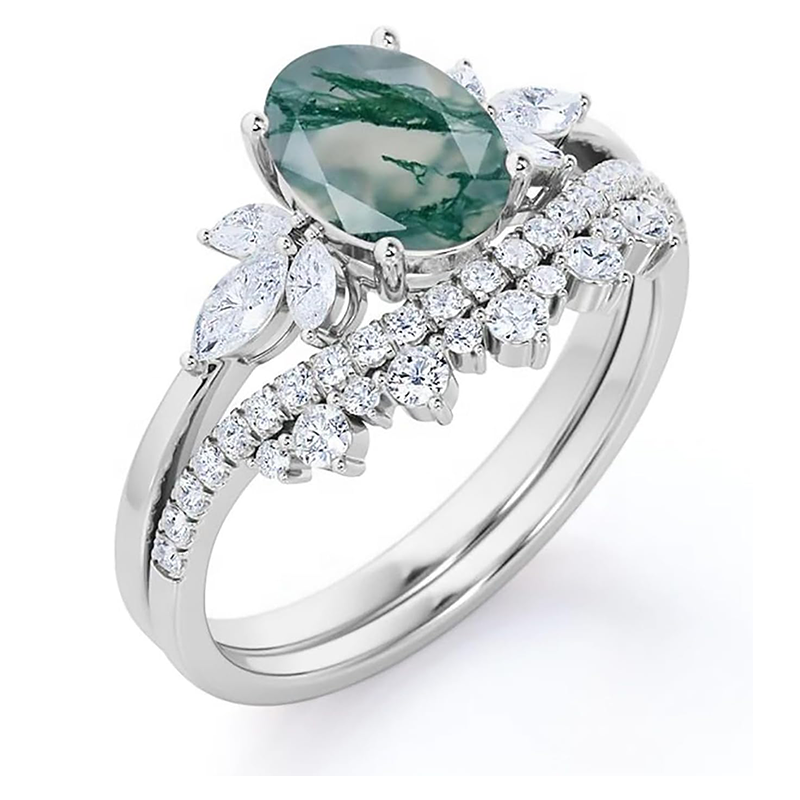 Bague ovale en or blanc 14 carats avec agate mousse et moissanite-4