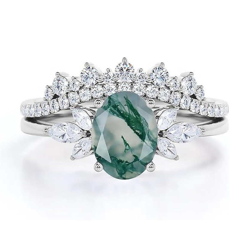 Bague ovale en or blanc 14 carats avec agate mousse et moissanite-1