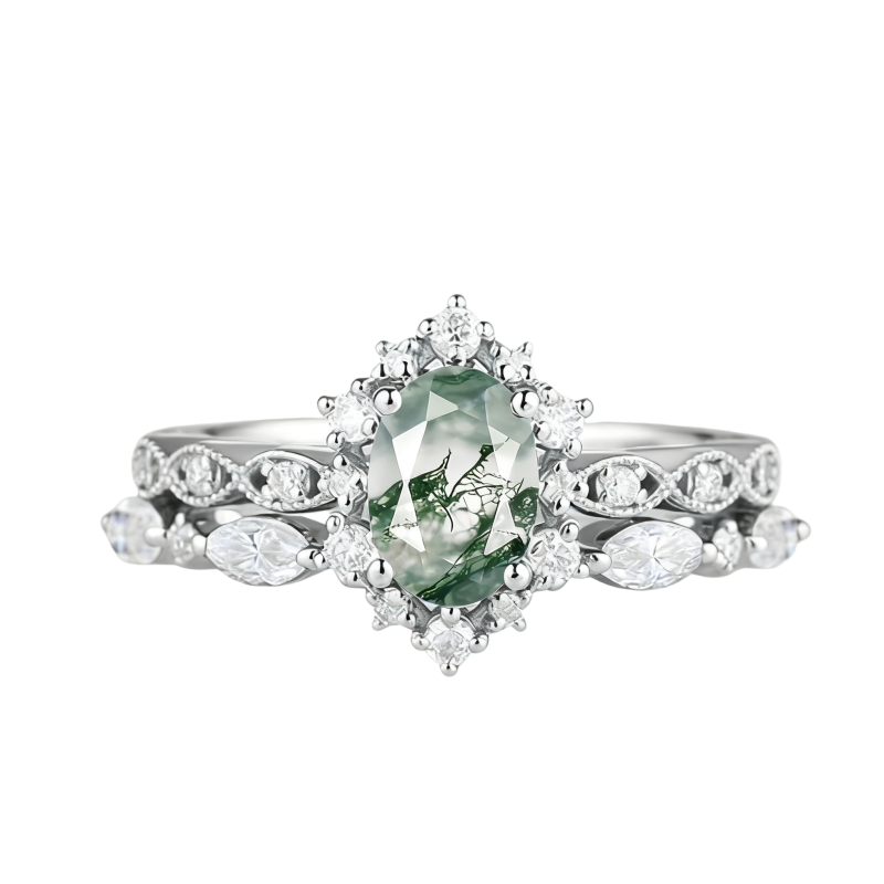 Ensemble de mariage en or blanc 10 carats avec moissanite ovale et agate mousse-18