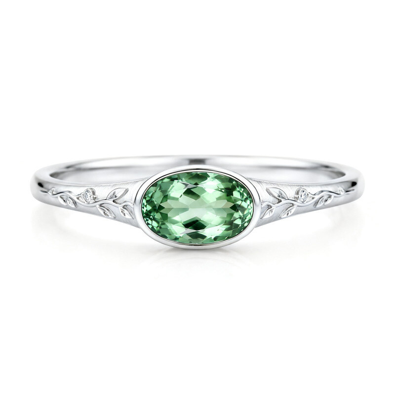 Bague de fiançailles est-ouest en or blanc 14 carats avec saphir vert ovale de 2 carats-1