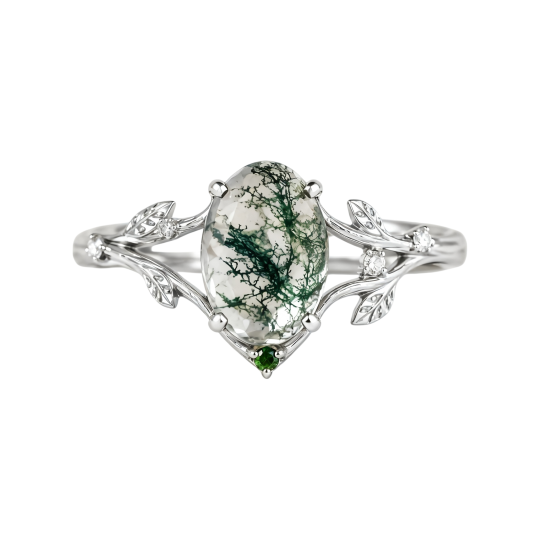 Anillo de compromiso personalizado de oro blanco de 10 quilates con ágata musgosa de talla ovalada.