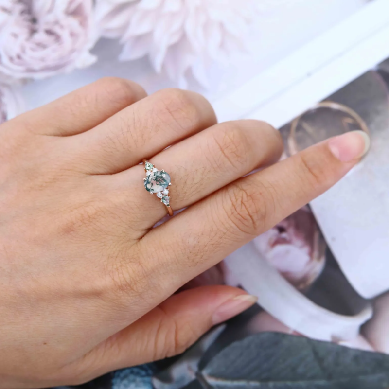 Anillo de compromiso de plata de ley con ágata musgosa de talla ovalada chapada en oro rosa-2