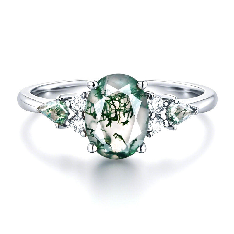 Verlobungsring aus Sterlingsilber mit ovalem Moosachat-Schliff-1