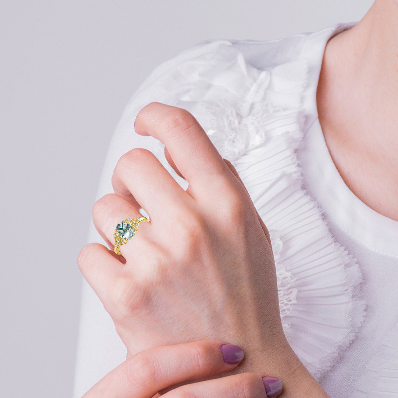 18K Gold Oval Moss Agate Ring-2