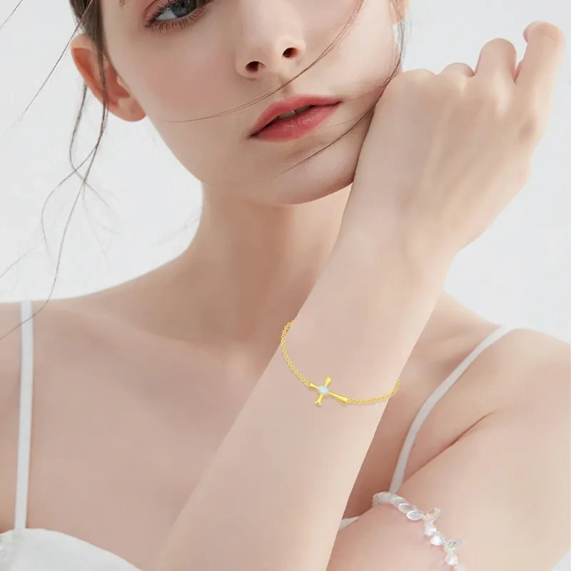 10K Gold Oval Shaped Opal Cross Charm Bracelet-2