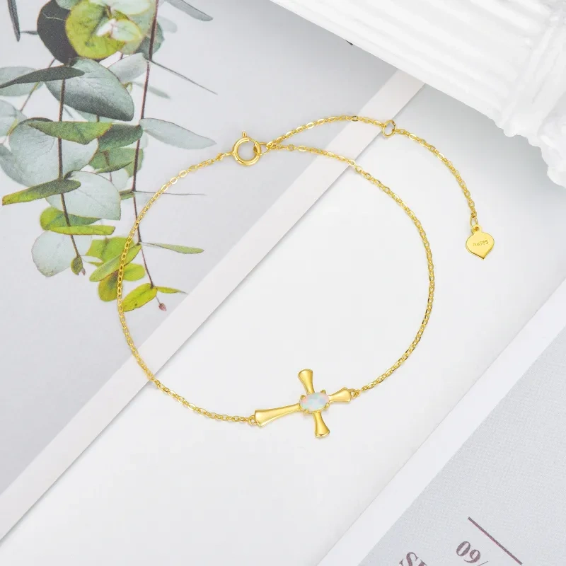 10K Gold Oval Shaped Opal Cross Charm Bracelet-3