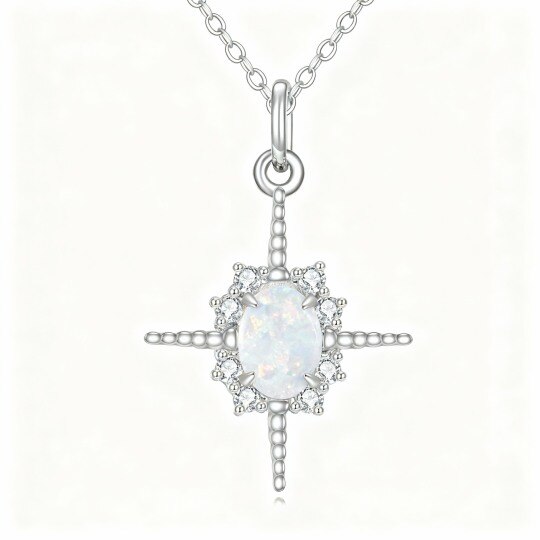 Collier pendentif croix en or blanc 10 carats avec opale ovale