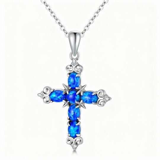 Collier pendentif croix en or blanc 10 carats avec opale ovale