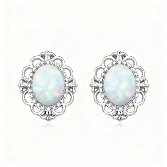10K White Gold Oval Cut Opal Oval Shaped Stud Earrings