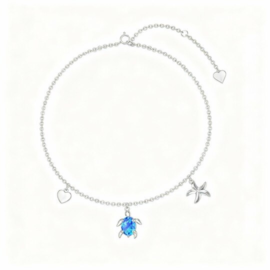 Bracelet de cheville monocouche en or blanc 10 carats avec breloques ovales en forme de tortue, d'étoile de mer et de coquillage
