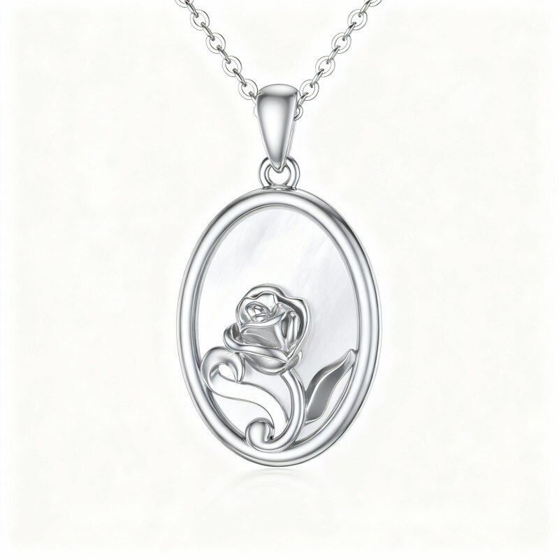 10K White Gold Oval Cut Pearl Rose Pendant Necklace-18