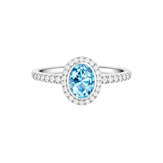 Anillo de compromiso de oro blanco de 10 quilates con moissanita y topacio de talla ovalada.