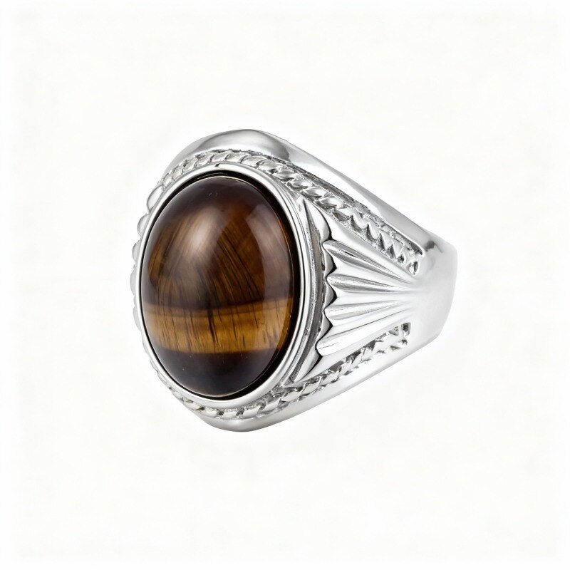 10K White Gold Oval Shaped Tiger's Eye Engagement Ring-2