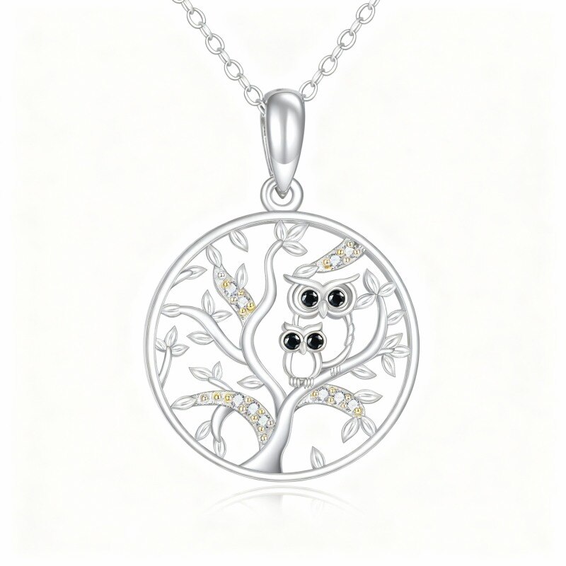 Collier pendentif hibou et arbre de vie en or blanc 18 carats-1