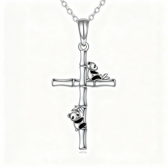 Collier pendentif en or blanc 10 carats avec panda, bambou et croix