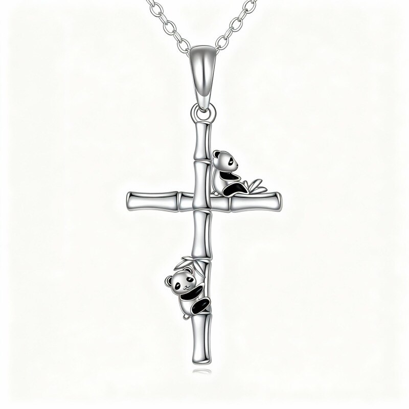 10K White Gold Panda & Bamboo & Cross Pendant Necklace-16