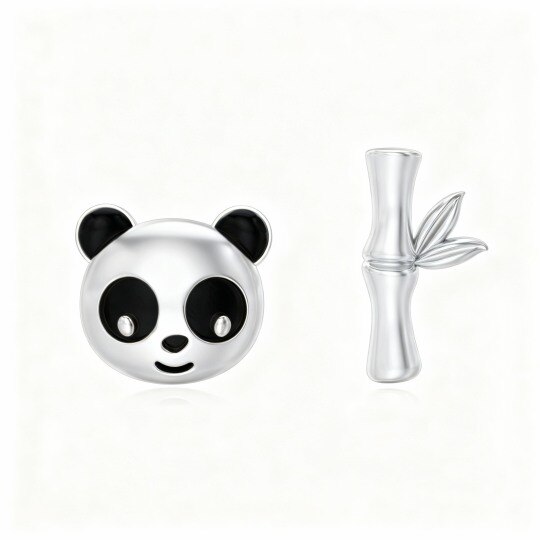 10K White Gold Panda & Bamboo Stud Earrings