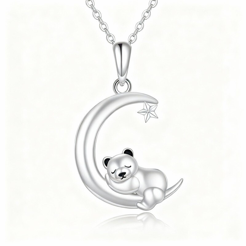 10K White Gold Panda & Moon Pendant Necklace-4
