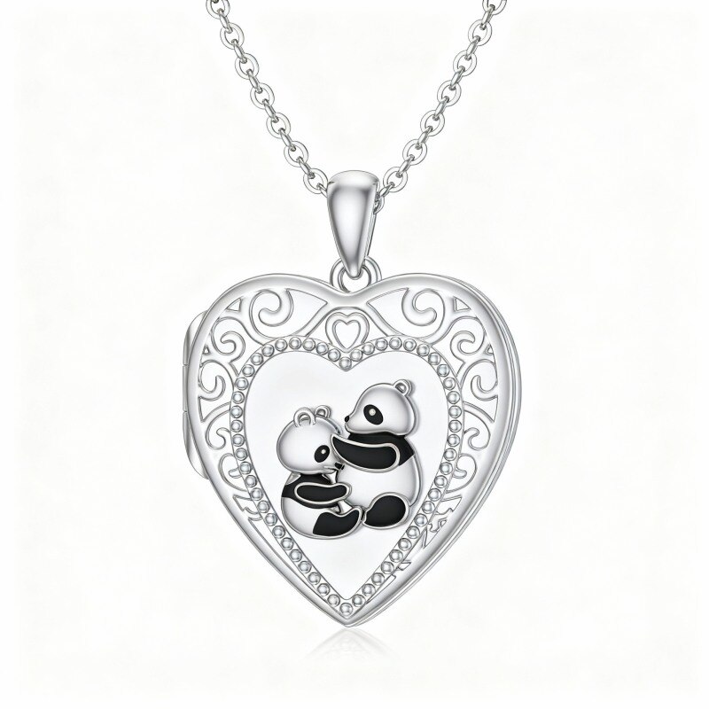 10K White Gold Panda Personalized Photo Locket Necklace-3