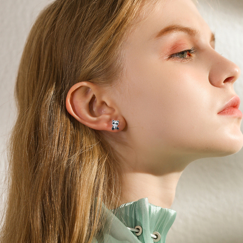 Pendientes de panda de oro blanco de 14 quilates-2