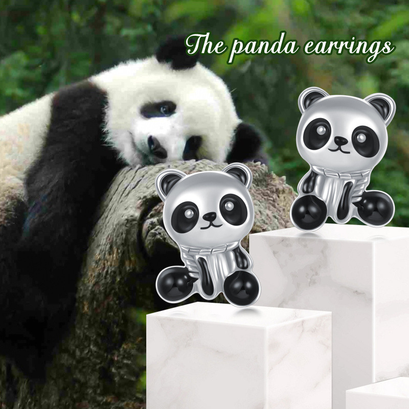 Pendientes de panda de oro blanco de 14 quilates-6
