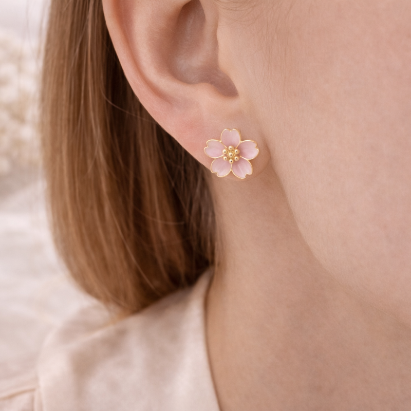 Pendientes de botón de oro rosa de 10 quilates con diseño de flor de durazno-2