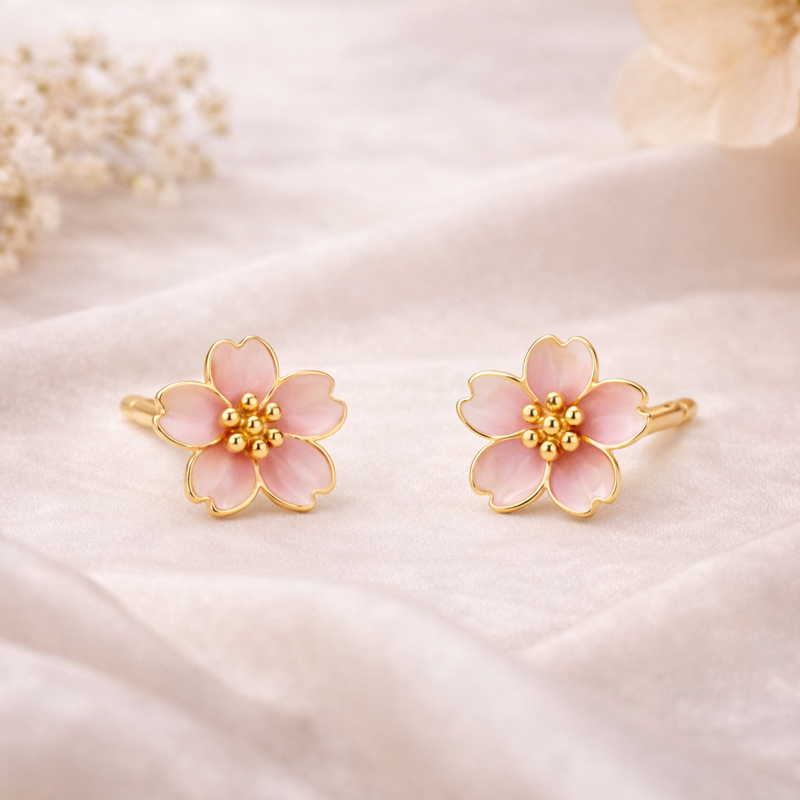 Pendientes de botón de oro rosa de 10 quilates con diseño de flor de durazno-3