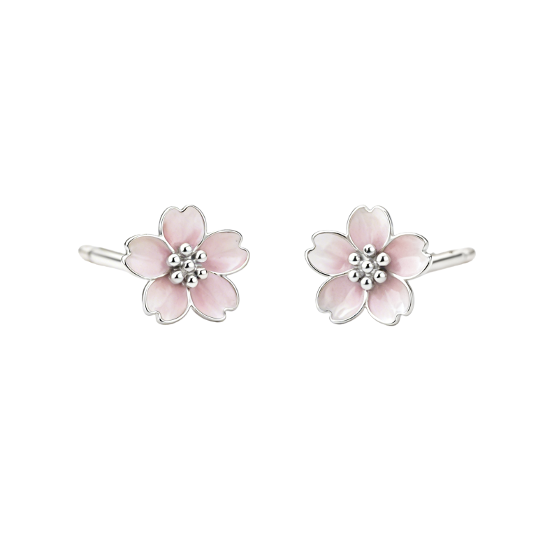 Pendientes de botón con forma de flor de durazno, chapados en platino y oro blanco.-1