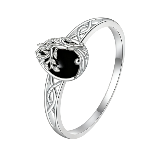 Aliança de casamento em ouro branco 10K com ágata lapidada em forma de pêra representando a Árvore da Vida