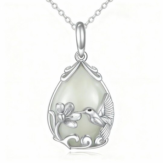 Collar con colgante de colibrí y gota en oro blanco de 10 quilates con calcedonia talla pera