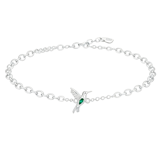 Pulsera con dije de colibrí y circonita cúbica talla pera en oro blanco de 18 quilates