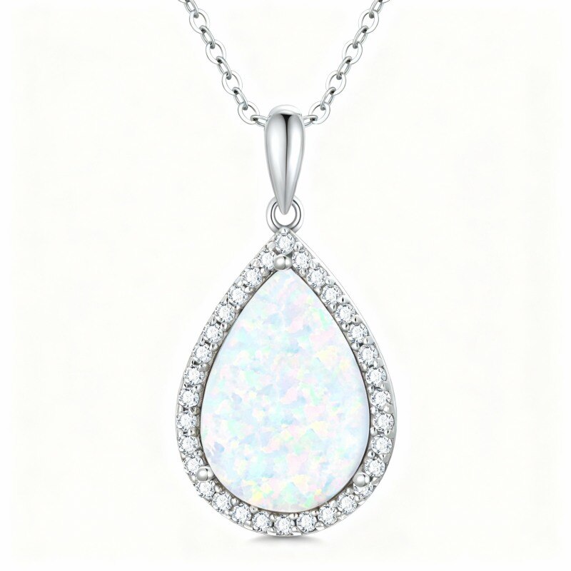 Collier pendentif en or blanc 18 carats avec zircon cubique taille poire et opale-1