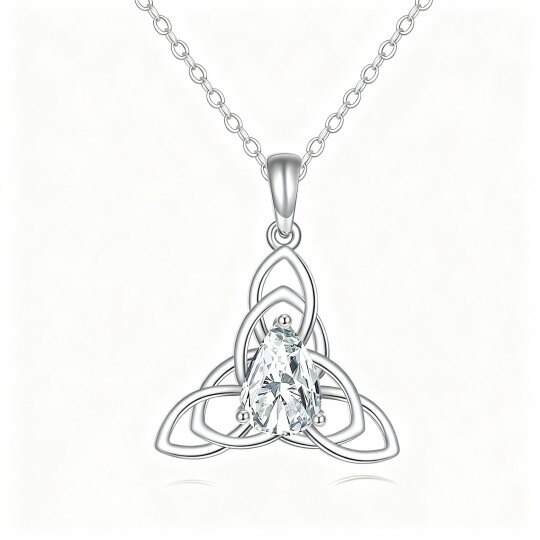 Personalisierte Halskette aus 10-karätigem Weißgold mit birnenförmigem Zirkonia, Geburtsstein und keltischem Knotenanhänger