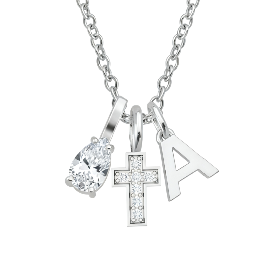 Colar com pendente personalizado de cruz e zircónias cúbicas em ouro branco 10K com lapidação em pera, representando a pedra do mês de nascimento