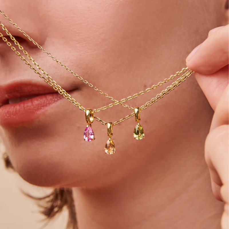 Collar con colgante personalizado de oro de 14 quilates con piedra natal talla pera, ideal para madres y hermanas.-2