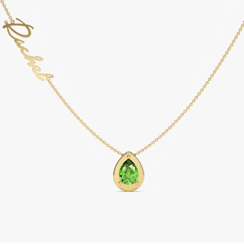 Collier pendentif personnalisé en or rose 14 carats avec zircon cubique taille poire, pierre de naissance, prénom classique, et inscription « Mère et sœurs ».-4