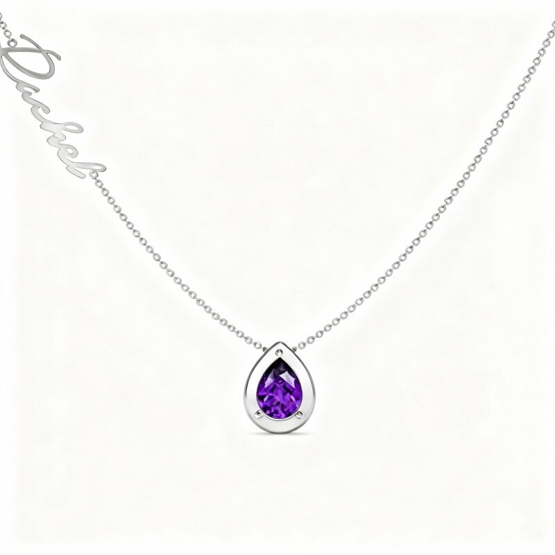 Collier pendentif en or blanc 14 carats avec zircon cubique taille poire, pierre de naissance personnalisée, prénom classique personnalisé et inscription « Mère et sœurs ».-1