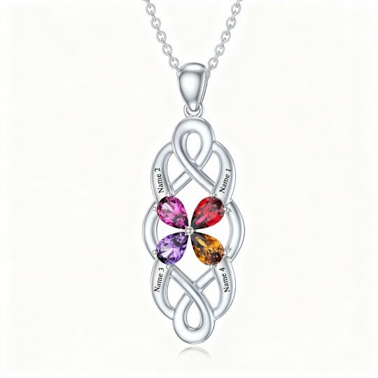 Collier pendentif personnalisé en or blanc 10 carats avec zircon cubique taille poire, pierre de naissance et prénom classique personnalisés.