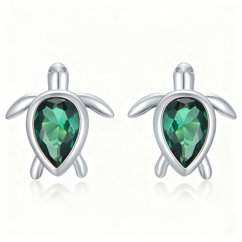 Boucles d'oreilles puces en or blanc 10 carats avec zircon cubique en forme de tortue marine, taille poire-1