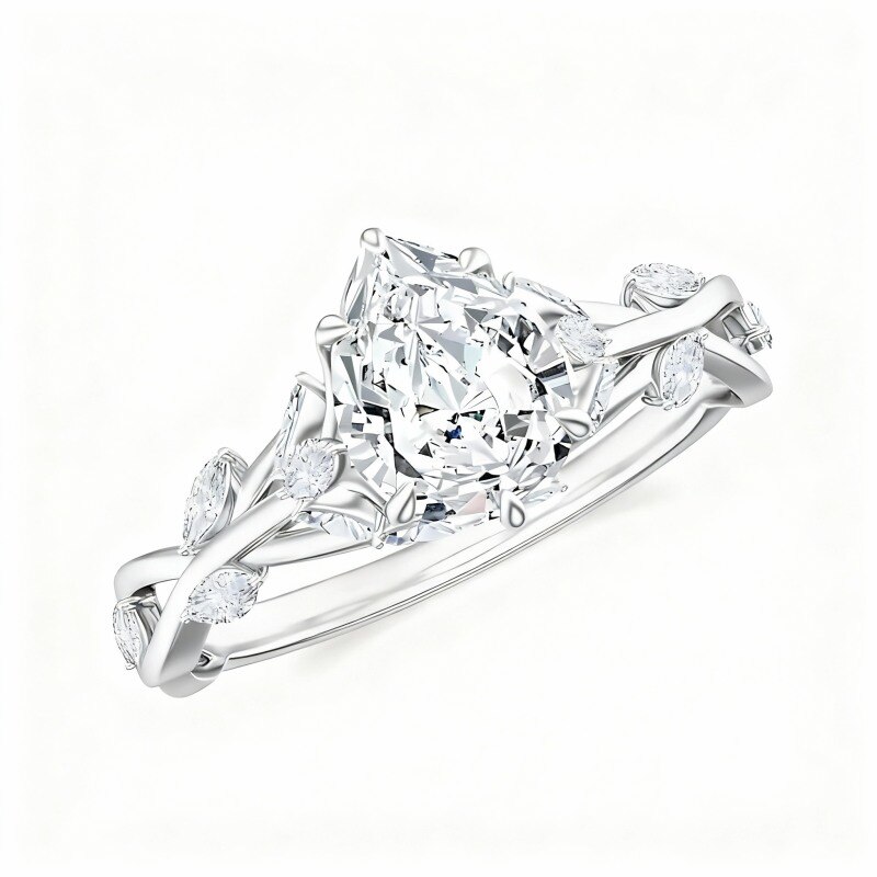 Bague de fiançailles personnalisée en or blanc 10 carats avec moissanite taille poire de 1 à 6 carats, inspirée par la nature.-1