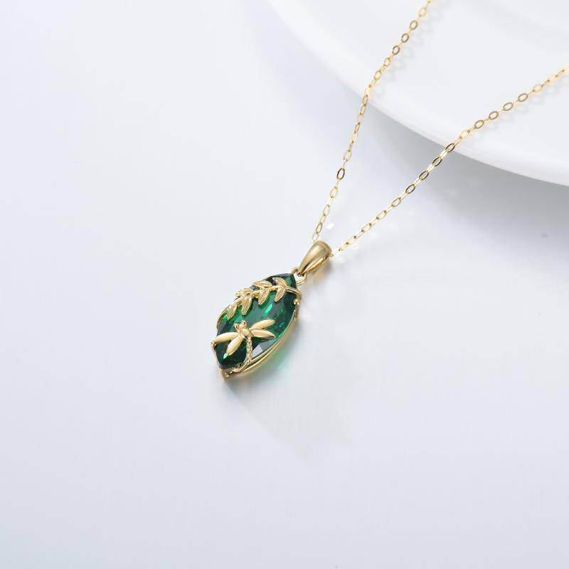 10K Gold Pear Shaped Emerald Dragonfly & Leaves Pendant Necklace-3