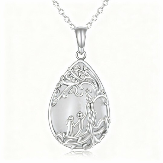 10K White Gold Pear Cut Jade Tree Of Life & Mother Pendant Necklace
