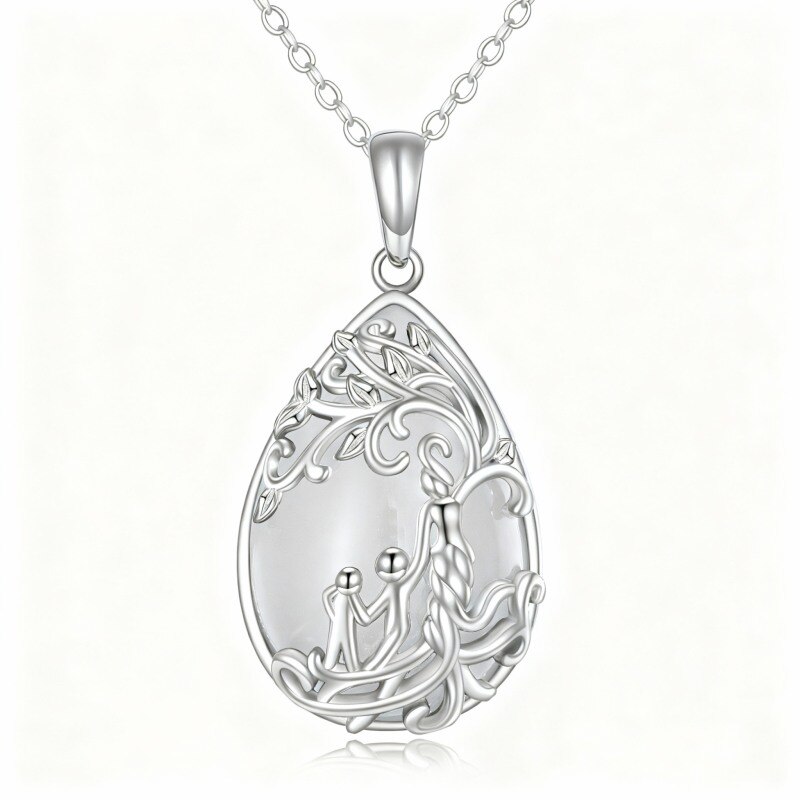10K White Gold Pear Cut Jade Tree Of Life & Mother Pendant Necklace-12