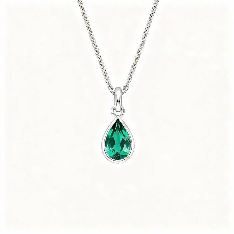 14K White Gold Pear Cut Lab Created Emerald Parents & Children Pendant Necklace-1