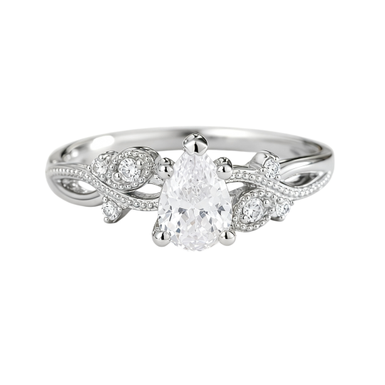 Anillo de compromiso personalizado de oro blanco de 10 quilates con diamante cultivado en laboratorio talla pera, color D, claridad VVS1, certificado por IGI 3EX.