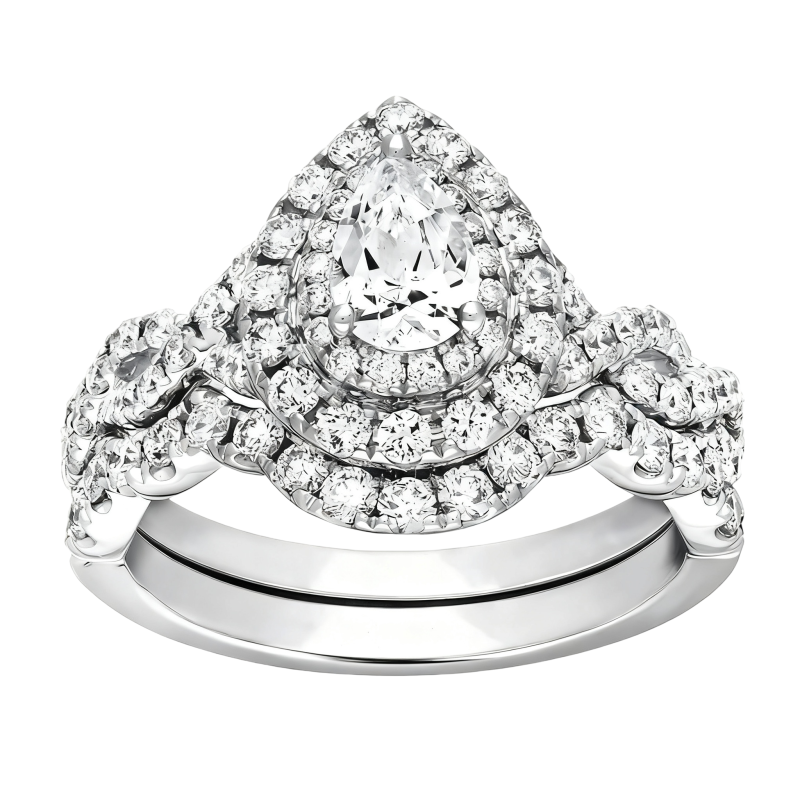 Conjunto nupcial de platino con moissanita talla pera chapada en oro blanco-1