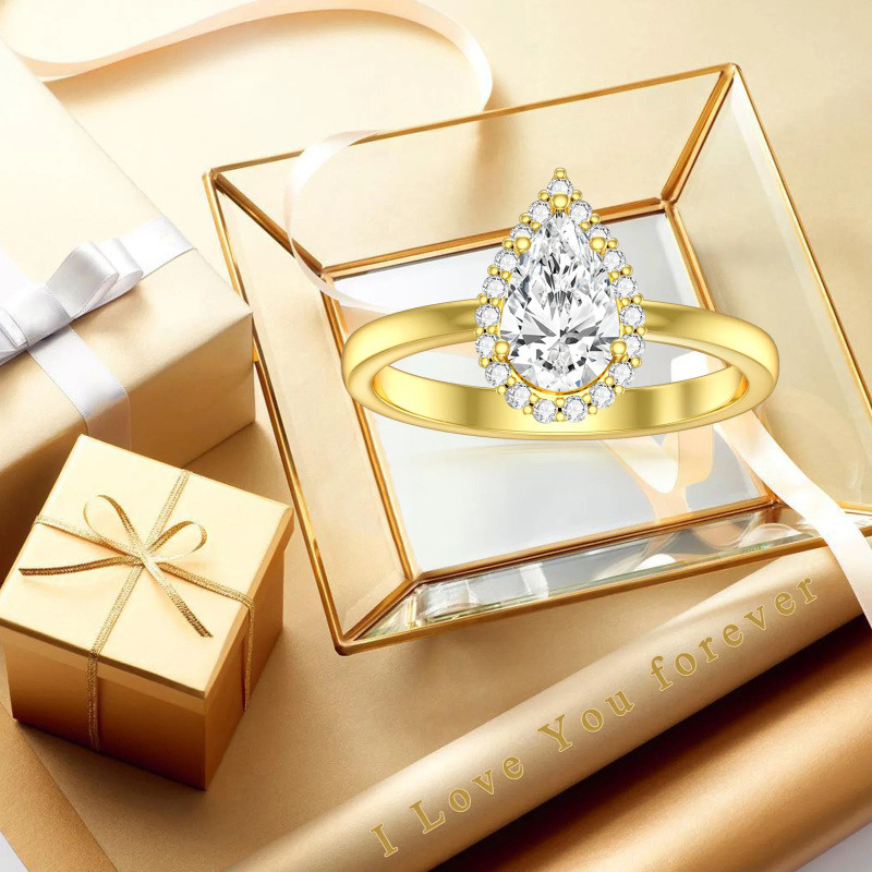 Anel de Noivado em Ouro 14K com Moissanita em Forma de Pêra e Gota-4