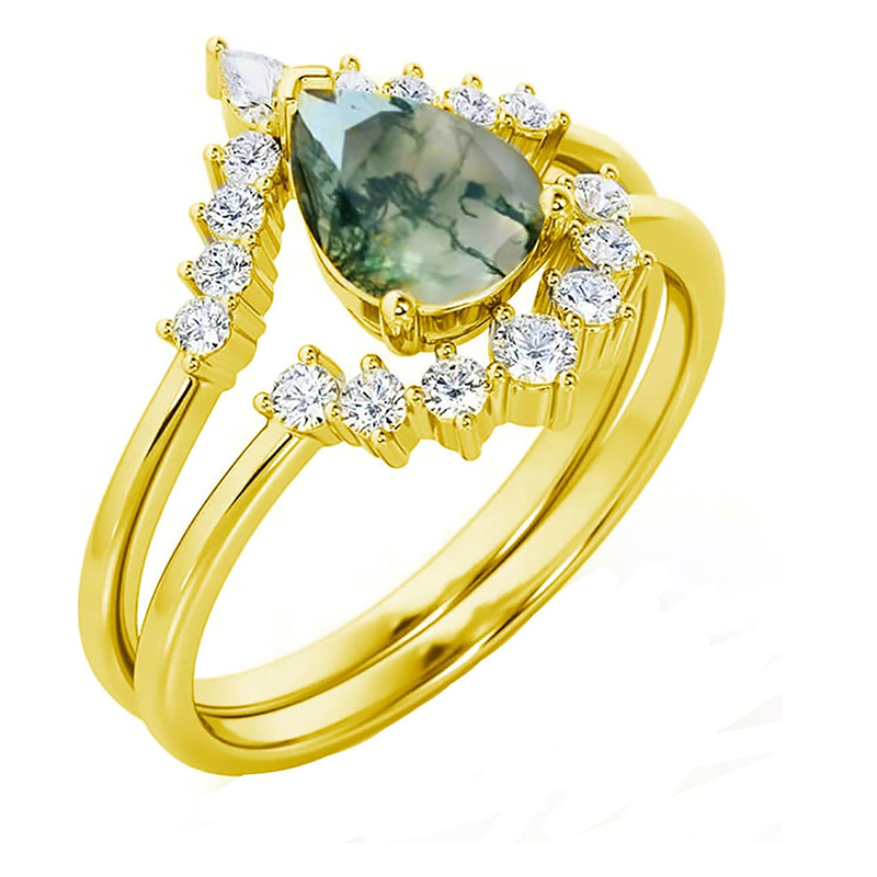Verlobungsring aus 10-karätigem Gold mit birnenförmigem Moosachat und Moissanit-2