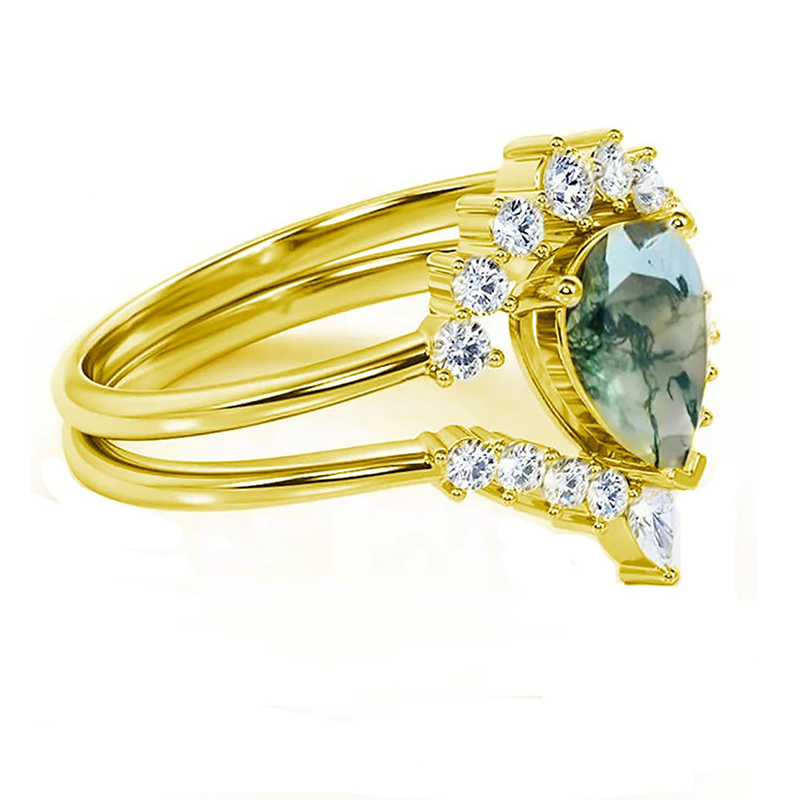 Verlobungsring aus 10-karätigem Gold mit birnenförmigem Moosachat und Moissanit-3