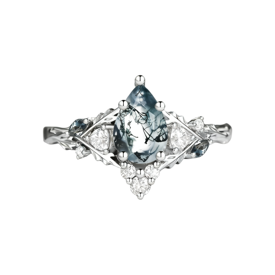 Anillo de compromiso personalizado de oro blanco de 10 quilates con ágata musgosa talla pera.